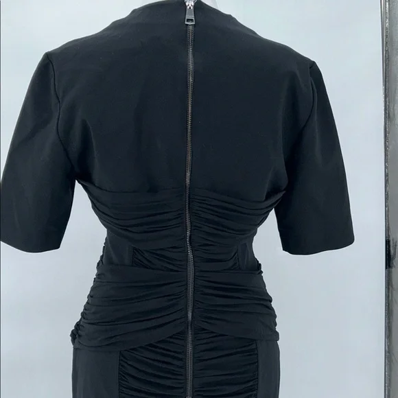 Burberry London Ruched Sheath Dress Black Size 12 Midi V-Neck Designer Bodycon - Picture 7 of 11